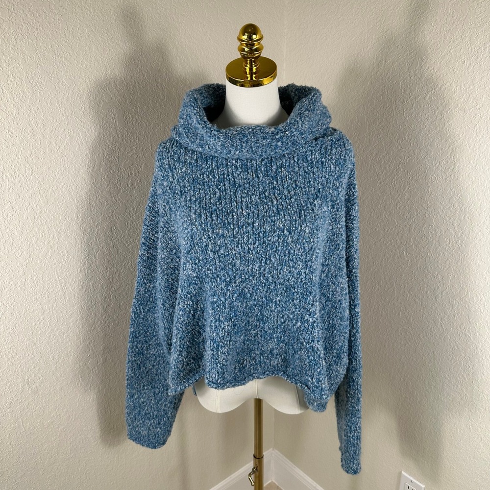 Free People BFF Cowl Neck Sweater Womens Medium Blue Marled Boho Chunky Knit